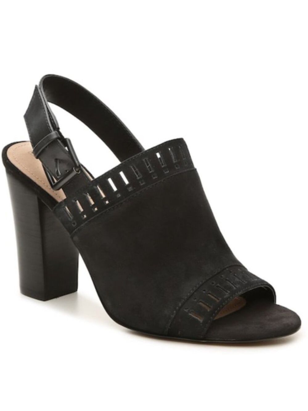 Tahari Maya Black Suede Peep Toe Slingback Block Heel Sandals Sz 9